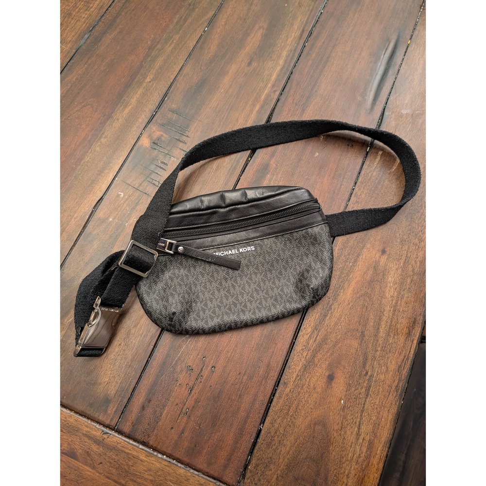 Michael Kors Black Monogram Leather Belt Bag Waist Pack Silver Buckle
